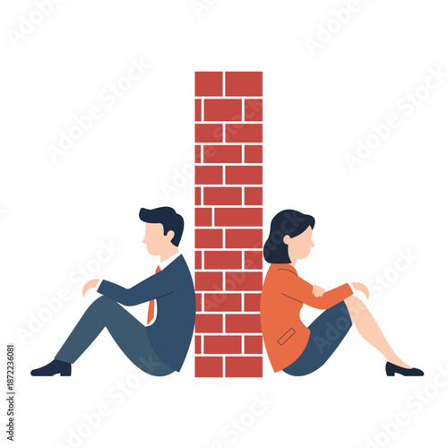 Man and woman sit back-to-back separated by a tall red brick wall, illustrating relationship conflict, division, or communication barriers.