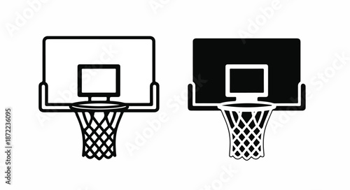 Black and white illustrations of two basketball hoops with backboards and nets on a plain white background.