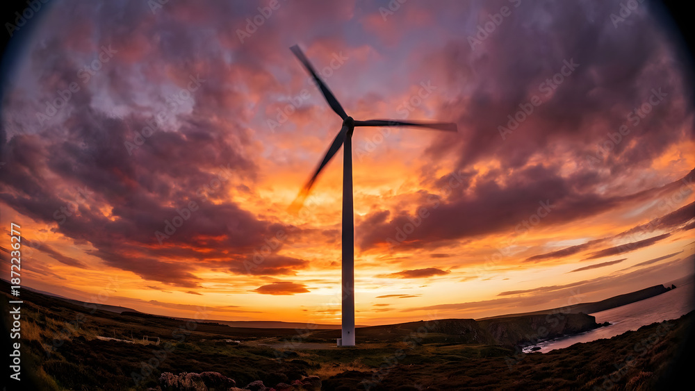 Obraz premium A wind turbine standing on a coastal landscape during a dramatic sunset, with vibrant orange and purple clouds over rolling hills and the sea, representing renewable energy, sustainability.