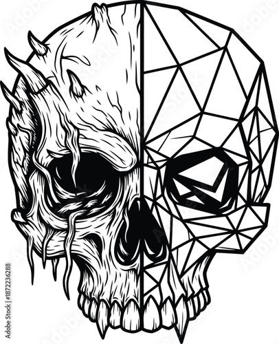 Unique split illustration of a human skull, half organic decaying and half modern geometric, representing duality.