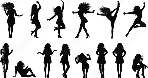 Dancing women silhouettes jumping posing and performing set isolated on white background for dance fitness fashion lifestyle and energetic modern design illustration