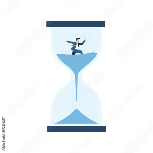 Businessman trapped inside the narrow neck of an hourglass, struggling against rising blue liquid to symbolize extreme time pressure and urgency.