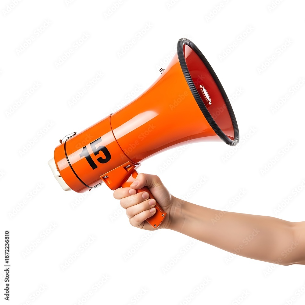 Fototapeta premium Orange megaphone bullhorn held by a hand for communication