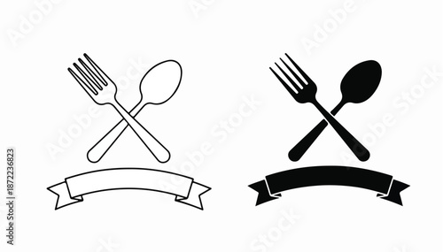 Two crossed utensil icons with ribbons on a white background, one in black and one in gray.