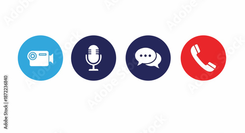Flat lay of communication icons including a video camera, microphone, chat bubble, and telephone on a plain white background with a minimalist and modern style.