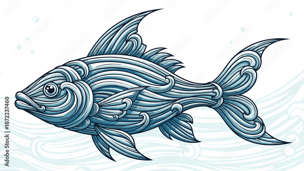 Obraz premium Beautifully stylized fish with intricate wave-like patterns covering its body swims gracefully in abstract water.