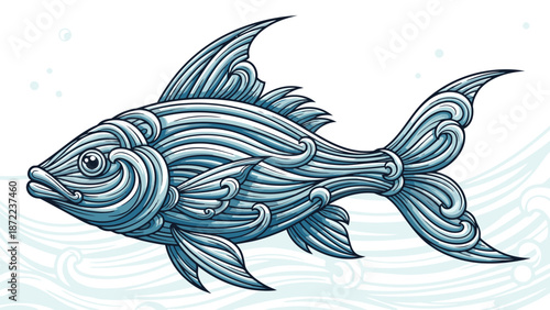 Beautifully stylized fish with intricate wave-like patterns covering its body swims gracefully in abstract water.