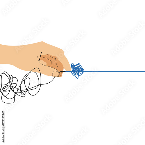 Hand carefully untangling a complex blue thread knot, representing the difficult process of problem-solving and finding a clear solution.