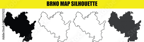 Brno map silhouette vector illustration set with solid black, white, outlined and dotted versions