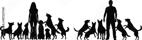 Dog owner silhouettes with multiple dogs standing and playing set isolated on white background for pet care training love companionship and animal illustration
