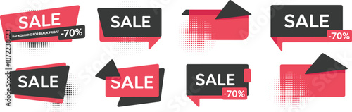 Black Friday Sale Banner Collection with Red and Black Geometric Labels Discount Tags Ribbons and Halftone Patterns for Promotional Vector Marketing