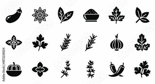 A collection of 20 black and white icons featuring various herbs and vegetables on a plain white background with a minimalist style.