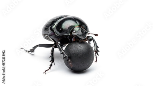 Wallpaper Mural A shiny black beetle with iridescent sheen, pushing a dark sphere across a white surface Torontodigital.ca