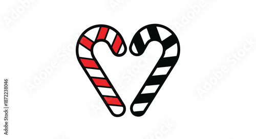 Illustration of two candy canes forming a heart shape on a white background with black, red, and white colors.