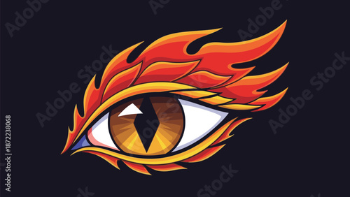 Captivating artistic illustration showcases a stylized eye surrounded by vibrant orange and red flames against a dark background.