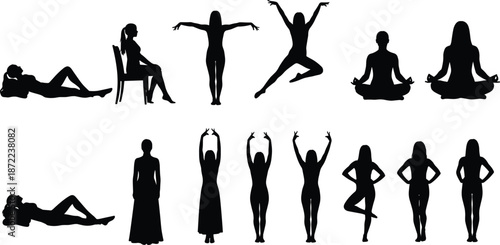 Female silhouettes practicing yoga meditation and fitness poses set isolated on white background for wellness mindfulness lifestyle and healthy body illustration collection