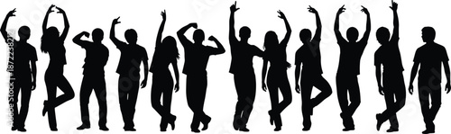 Group of dancing people silhouettes in stylish poses, energetic crowd celebrating music and movement on white background, modern party illustration