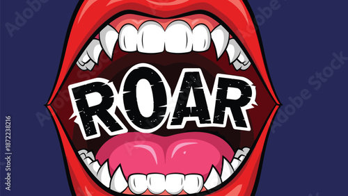 Cartoon illustration depicts an angry open mouth with sharp fangs and the word "ROAR" boldly displayed inside.