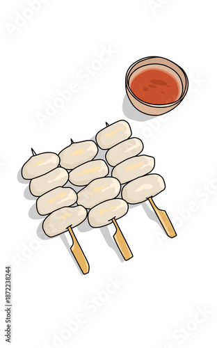 a dango rice cake Japanese food on bamboo stick with sauce