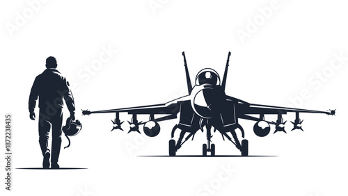 Military pilot walking towards fighter jet on runway