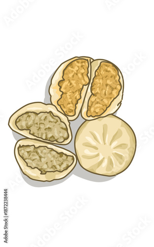 Drawing of a delicious dimsum with Meat filling and a half sliced one. Chinese food