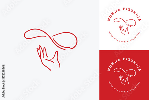 Nonna Pizzeria Logo, Hand-drawn logo of hand tossing pizza dough, with name and text guideline
