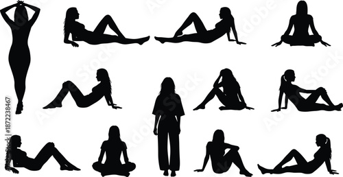 Female silhouettes sitting lying meditating posing set isolated on white background for yoga fitness fashion beauty lifestyle and modern artistic design collection