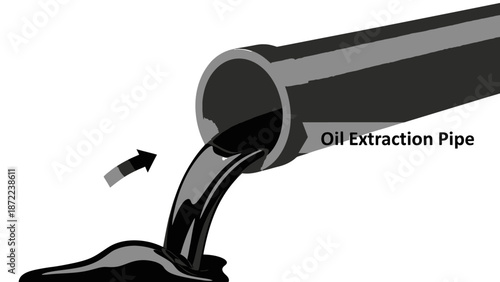 Dark crude oil pouring from an industrial extraction pipe, symbolizing energy production and resource flow.