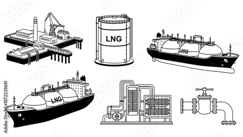 Illustrative black and white diagram depicting the entire liquefied natural gas production, storage, and transportation process with ships, tanks, and facilities.