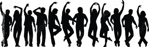 Group of dancing people silhouettes in stylish poses, energetic party crowd celebrating music, rhythm and motion on white background illustration