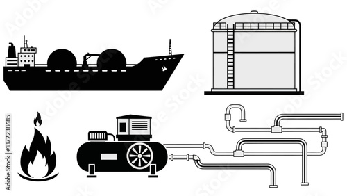 Collection of industrial icons depicting oil and gas infrastructure, including a tanker, storage tank, compressor, pipes, and a flame symbol.