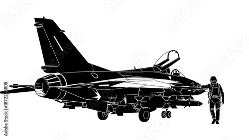 Military pilot standing next to fighter jet on runway