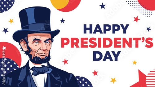 Portrait of Abraham Lincoln on a patriotic background with stars and stripes to celebrate happy President Day holiday.