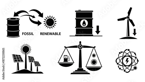 Collection of energy icons illustrating fossil fuels, renewable sources, solar, wind, and nuclear power generation concepts.