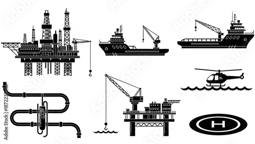 Silhouettes of offshore oil rigs, cargo ships, a helicopter, and pipelines illustrating the global energy and maritime transport industry.