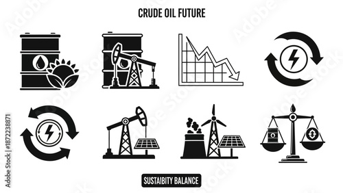 A collection of black and white icons illustrating the future of crude oil, energy transition, and sustainability balance.