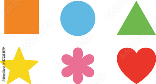 Colorful geometric shapes set, square circle triangle star heart flower icons, basic educational symbols, simple flat vector illustration design