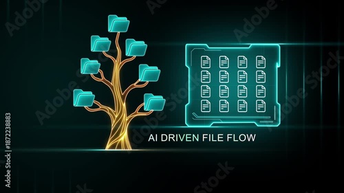 AI Driven File Flow Illustrated with Folder Tree and Data Matrix artificial intelligence information
