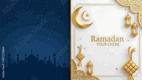 Ramadan celebration with mosque silhouette at night and gold decorations