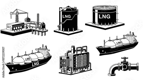 Monochrome illustrations detailing the infrastructure for Liquefied Natural Gas production, storage, and maritime transport.