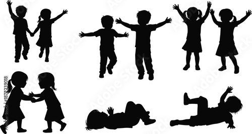 Happy kids silhouettes playing jumping holding hands and falling set isolated on white background for childhood fun joy friendship and active movement illustration