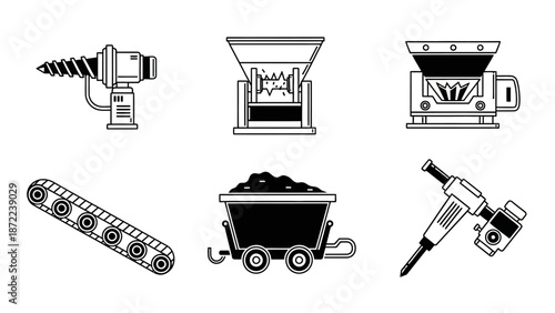 Monochrome vector icons depicting heavy industry equipment like drills, crushers, a mine cart, and a jackhammer.