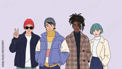 Group of four stylish young adults posing in cool streetwear and fashionable outfits against a light purple background.