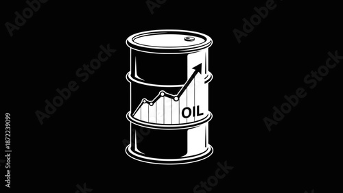 Monochromatic illustration depicting an oil barrel with an upward trending financial graph, symbolizing rising oil prices.