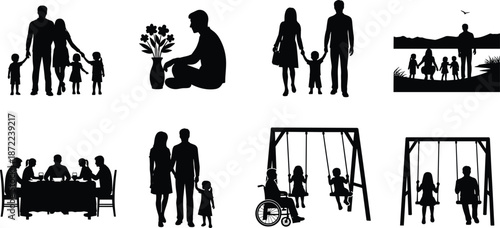 Family silhouettes, parents with children, caregiving moments, park walk, dinner table, wheelchair support, loving relationships, black vector illustration collection