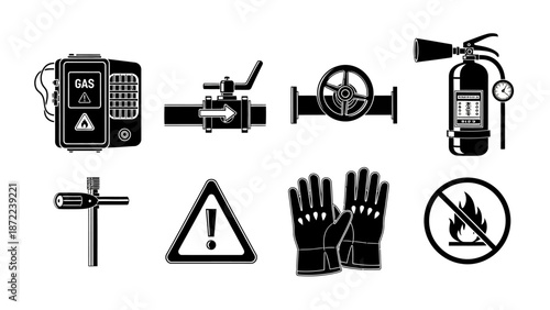 A set of black and white icons representing industrial safety equipment and warning signs, including gas detectors, valves, fire extinguishers, and protective gear.