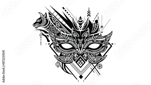Intricate black and white tribal mask design is adorned with geometric patterns and a stylized wolf head.