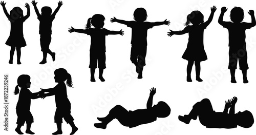 Happy kids silhouettes playing jumping raising arms and falling set isolated on white background for childhood fun joy friendship and active movement illustration