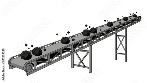 An industrial conveyor belt system transporting dark coal lumps upwards, illustrating material handling on a white background.
