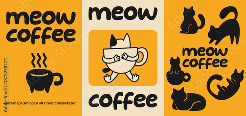 Playful cat coffee poster set with hand-drawn illustration style.